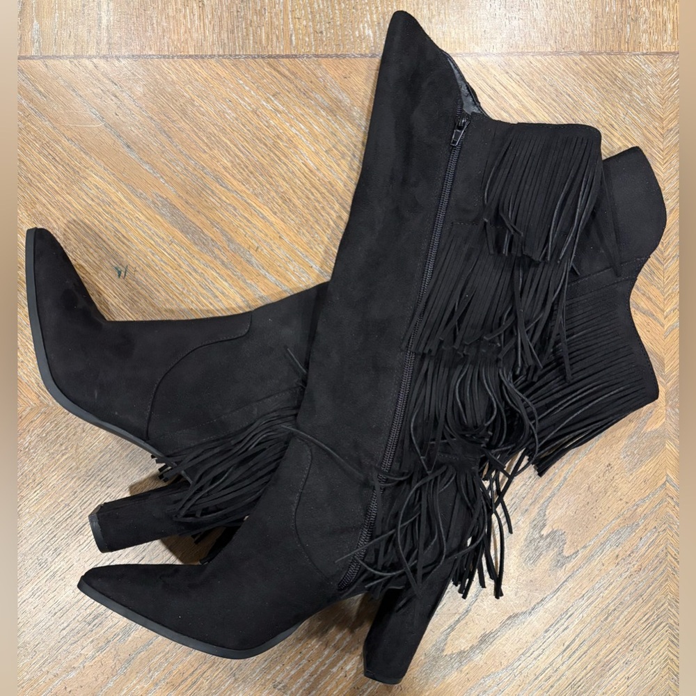INC International Concepts Black Fringe Heeled Boots